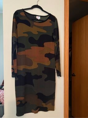 LuLaRoe Long Sleeve Camo Midi Dress in Olive, Brown & Black